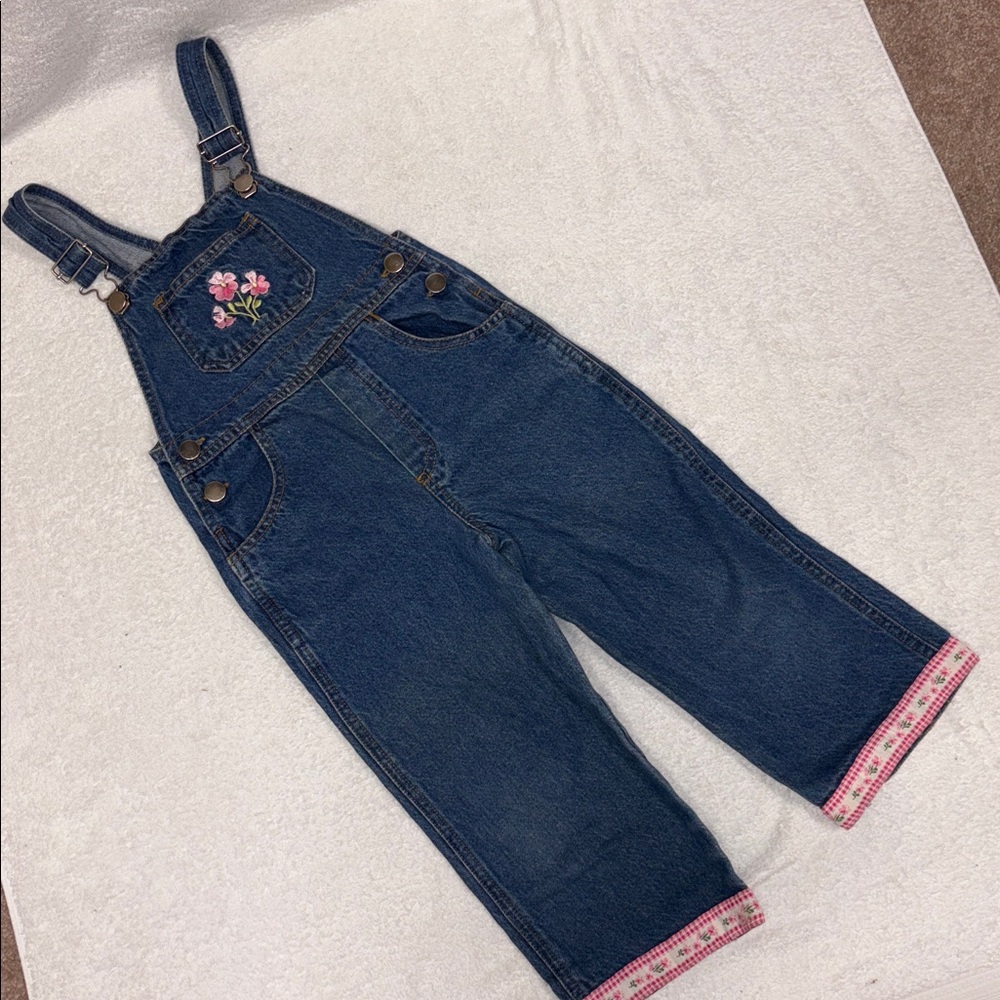 Vintage Embroidered pink flower Denim blue Jean Overalls 3t